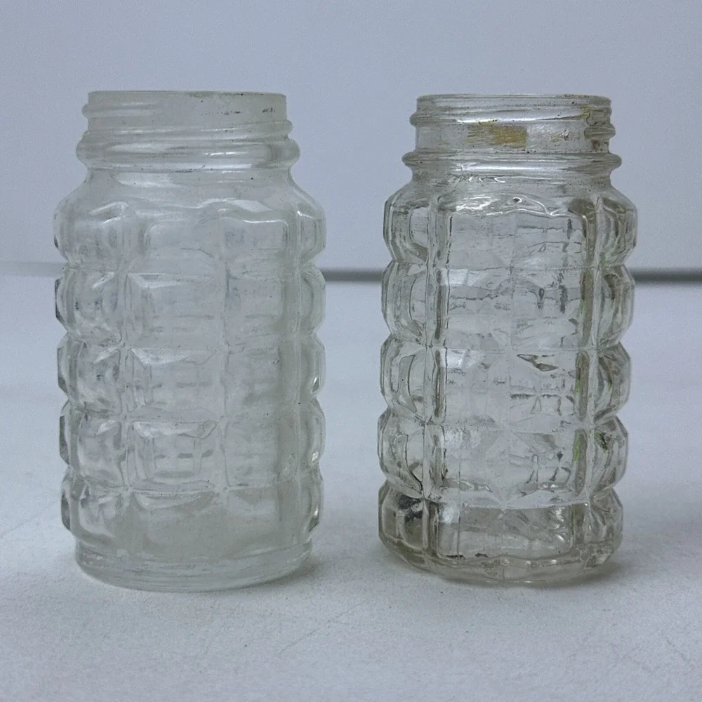 Vintage Salt Pepper Shakers Clear Glass Barrel No Lid Hazel Atlas Anchor Hocking